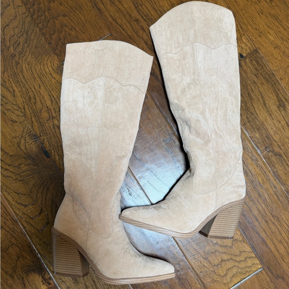 Shop The Mint Shoes - Over-the-Knee Chunky Heel Boots in Light Beige